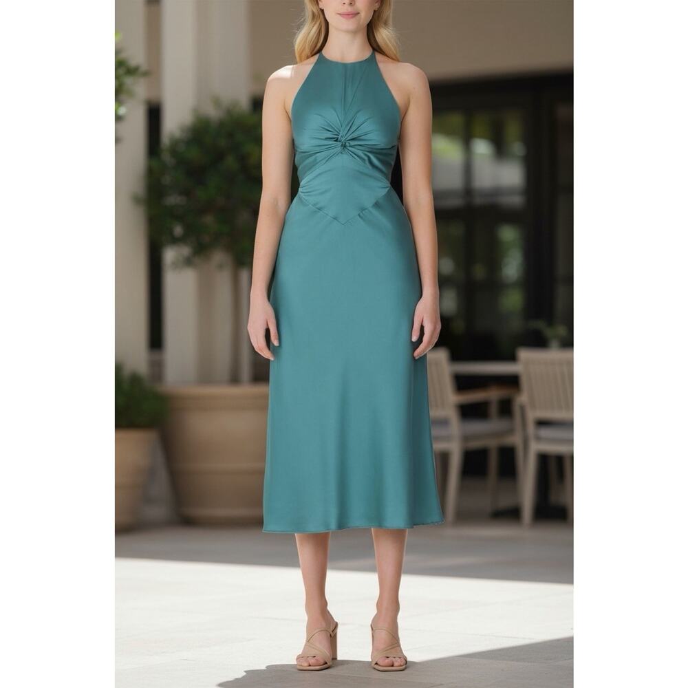 Keepsake Size US 4 Jade Green Satin Midi Dress Halter Strappy Back NWT